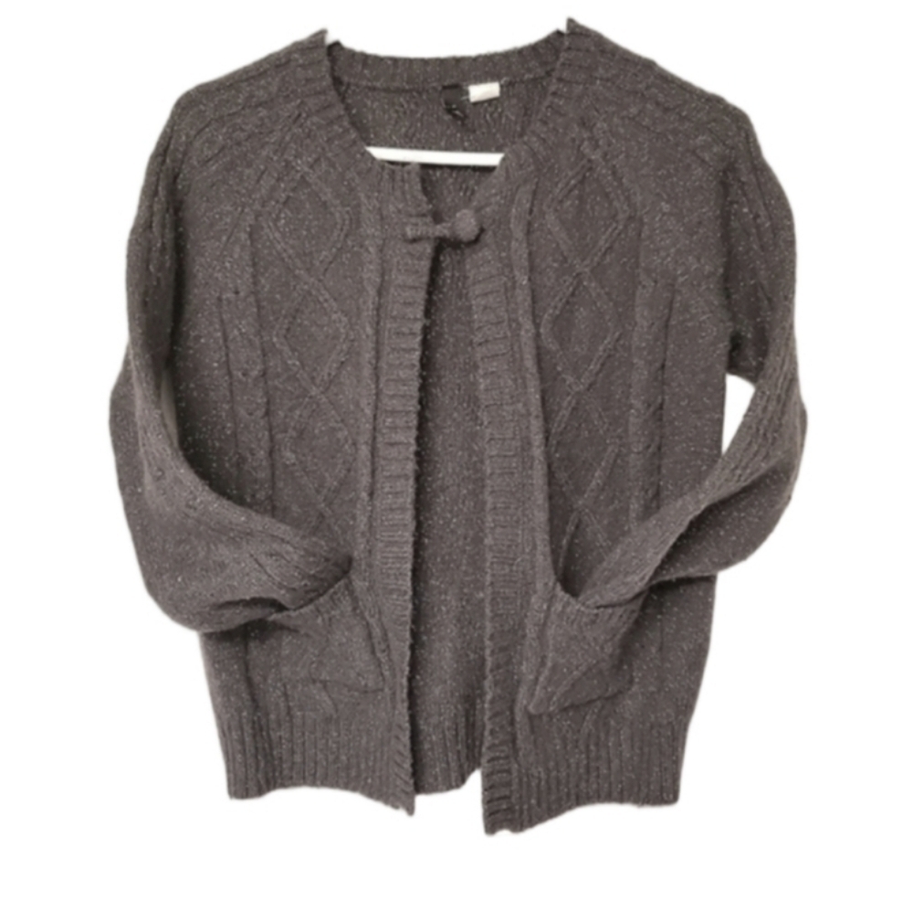 Divided Cottagecore Chunky Knit Sweater Cardigan Gray Metallic Silver Embroidery